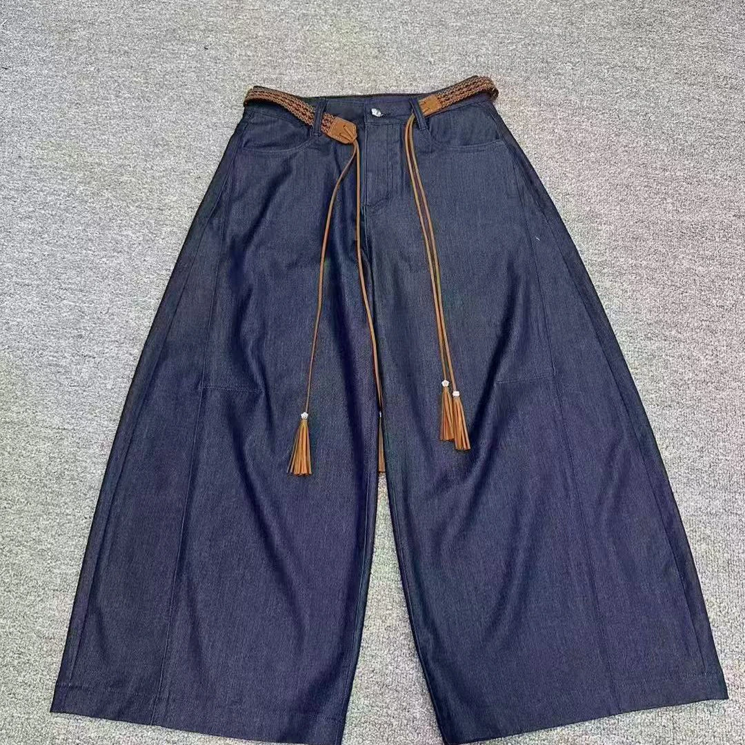 D50212夏季百搭藏蓝色高腰九分直筒阔腿裤