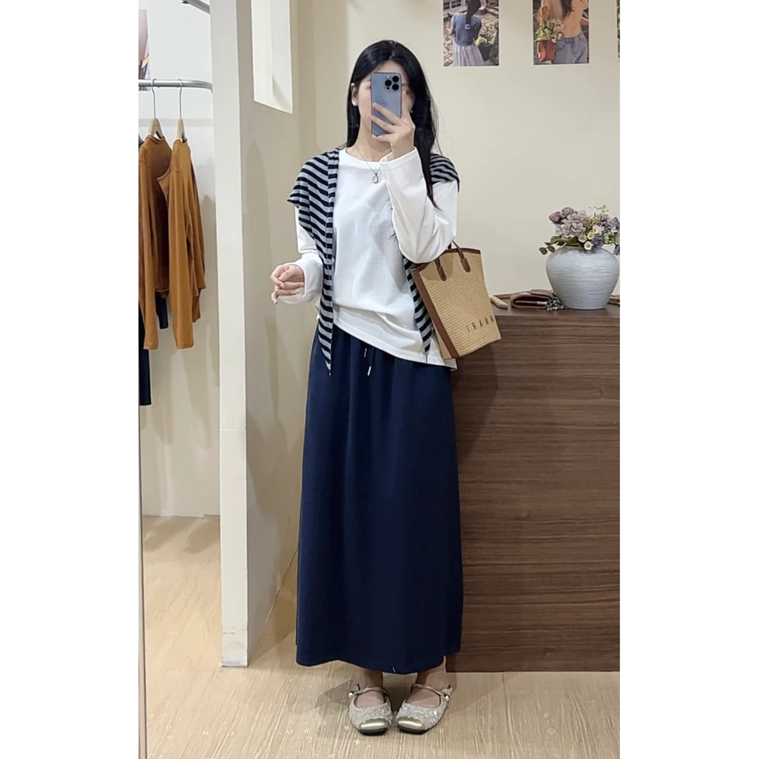 条纹披肩上衣遮肚显瘦半身裙三件套