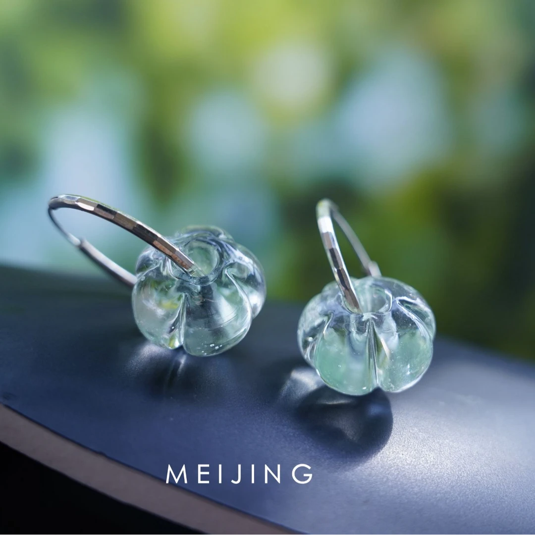925银珐琅耳饰 森系绿色清新清透光感简约小众花朵南瓜挂坠耳环