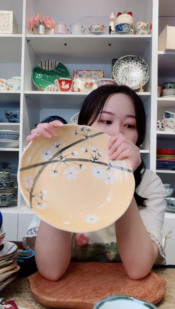 陶瓷美浓烧橘色樱花大深盘22cm