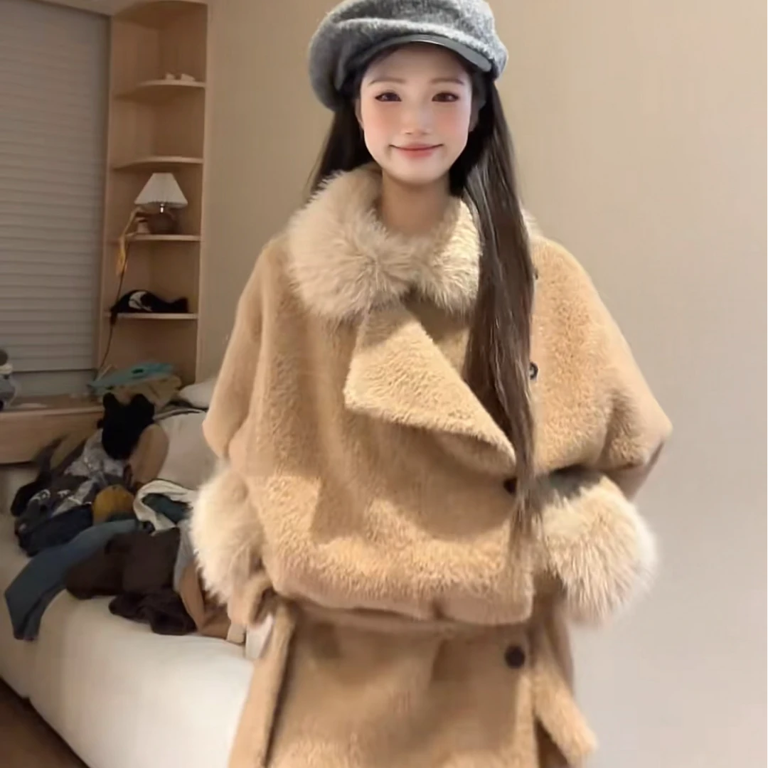 韩系高级感气质毛茸茸拼接加厚外套女冬季新款百搭显瘦小个子大衣