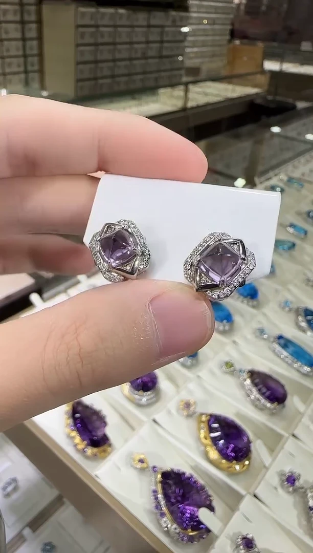 银S925镶嵌耳饰紫晶10mm糖塔耳钉