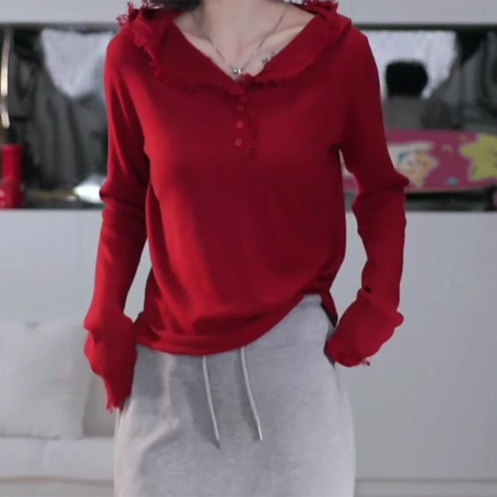 秋冬流苏连帽长袖纽扣设计流苏手袖针织帽衫 C6002