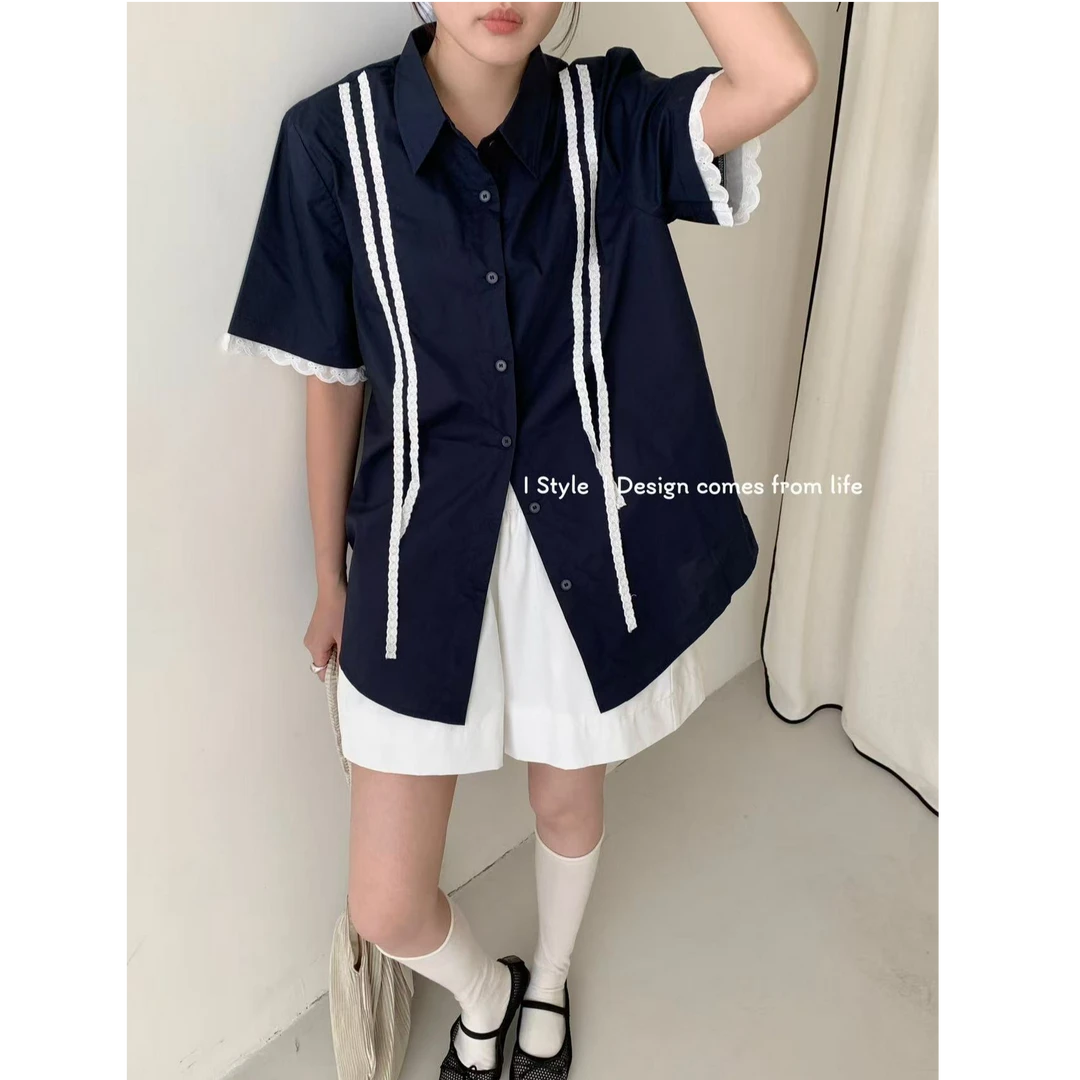 十三行I STYLE-夏季福秒层次感条纹翻领衬衫#5261