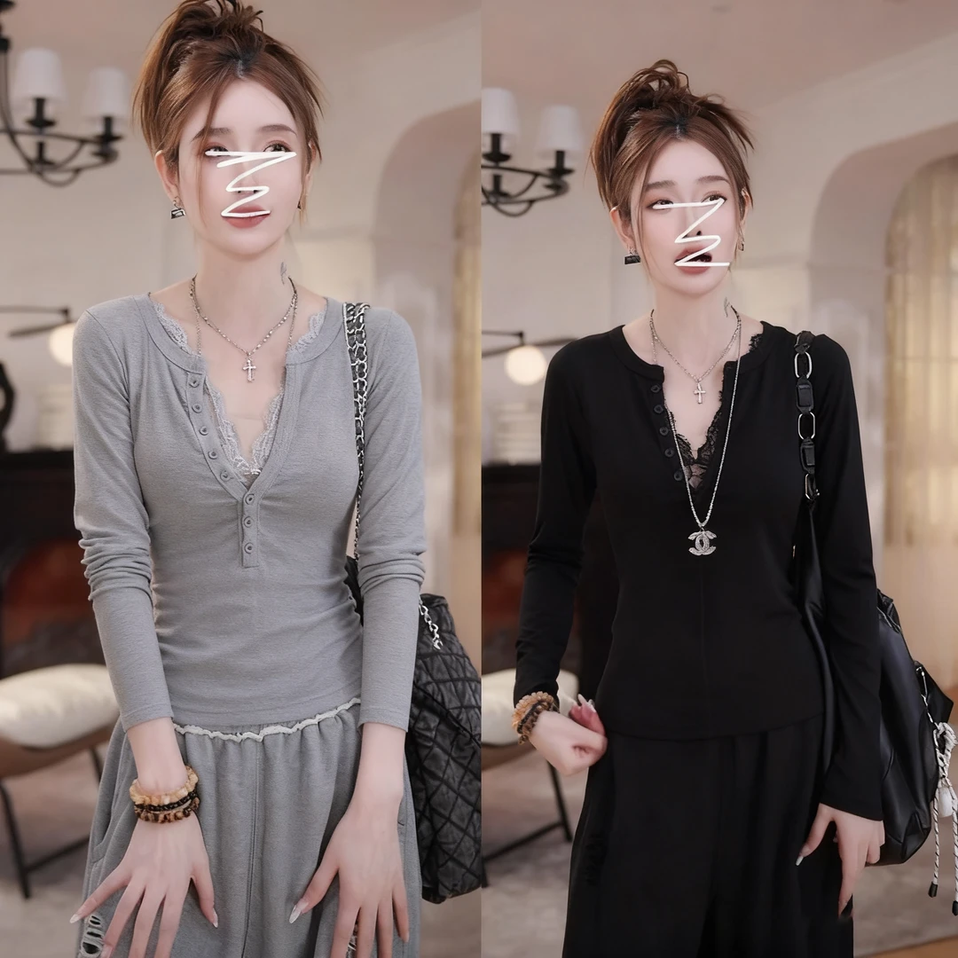 2025秋冬灰色假两件蕾丝拼接长袖T恤显瘦修身内搭打底上衣