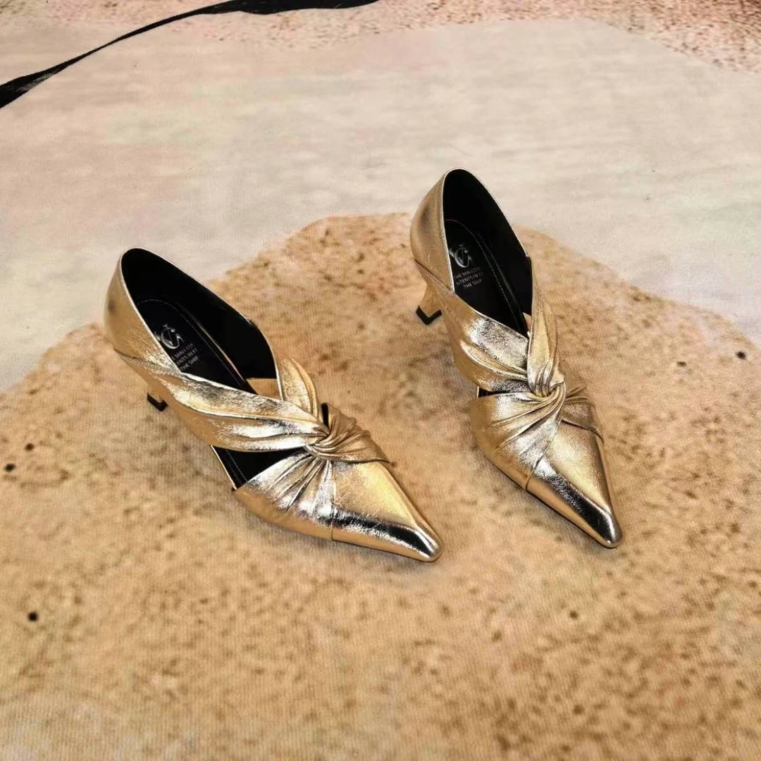 VG牛羊皮跟高7CM尖头单鞋女金色气质时尚百搭女士粗跟金色单鞋