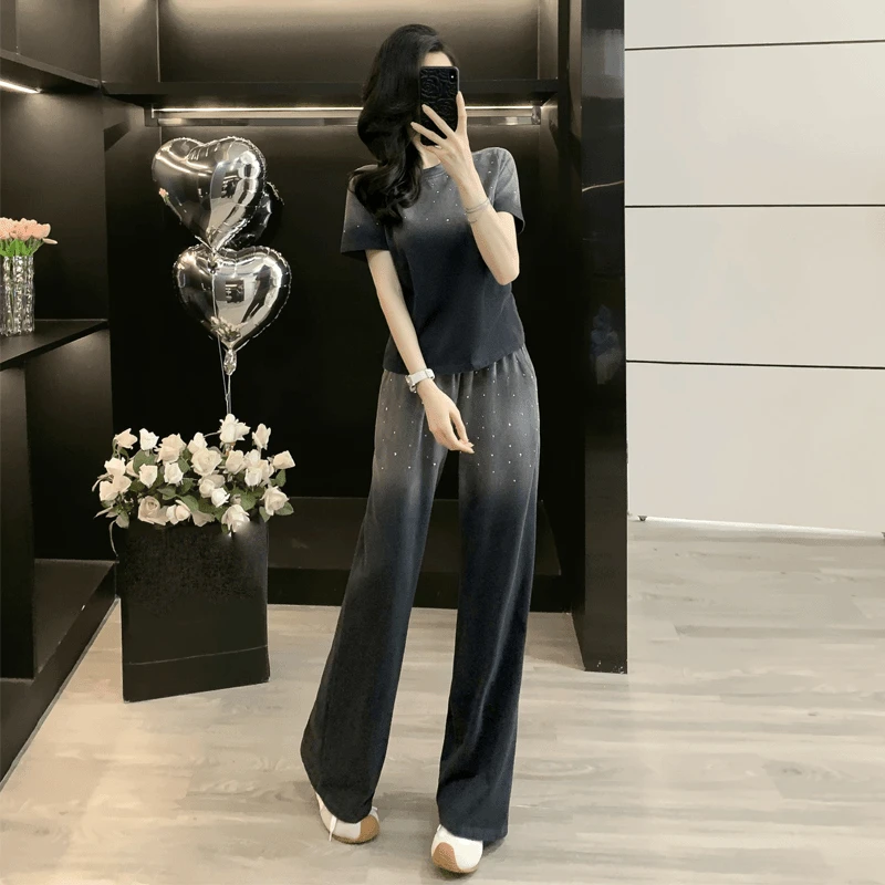 韩版潮渐变短袖运动风套装女夏2025洋气时尚阔腿裤两件套减龄宽松