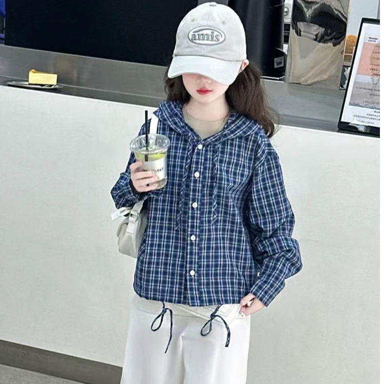 儿童套装春季新款女童洋气休闲连帽格子韩版衬衫