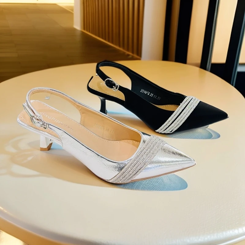 女夏季2025新款软底不累脚大码女鞋后空细跟尖头高跟鞋女软皮