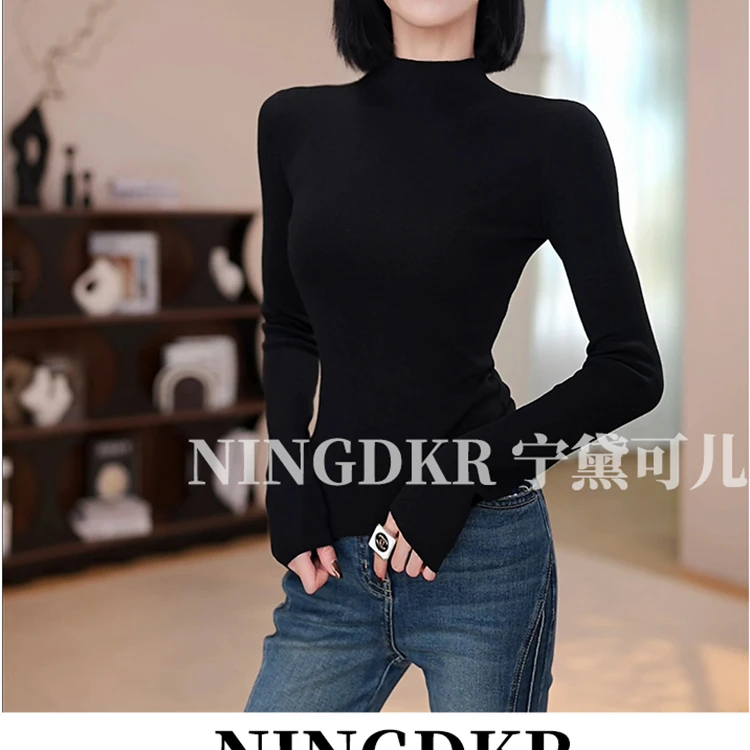 黛B30897纯色基础款显瘦中袖半高领针织衫女四季百搭打底衫上衣