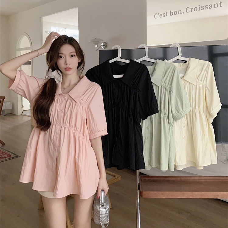 夏季正肩短袖显瘦衬衫法式甜美收腰设计荷叶边娃娃衫上衣66033#