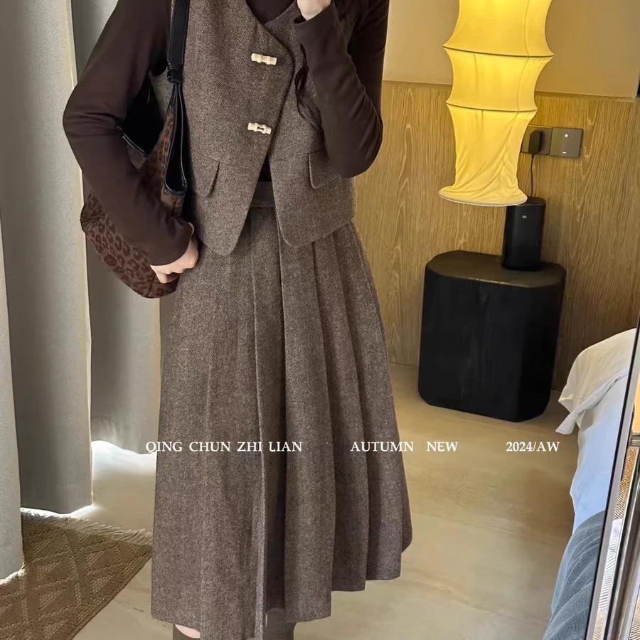 【送腰带】小香风毛呢马甲半身裙女气质高级感韩系秋冬套装四件套