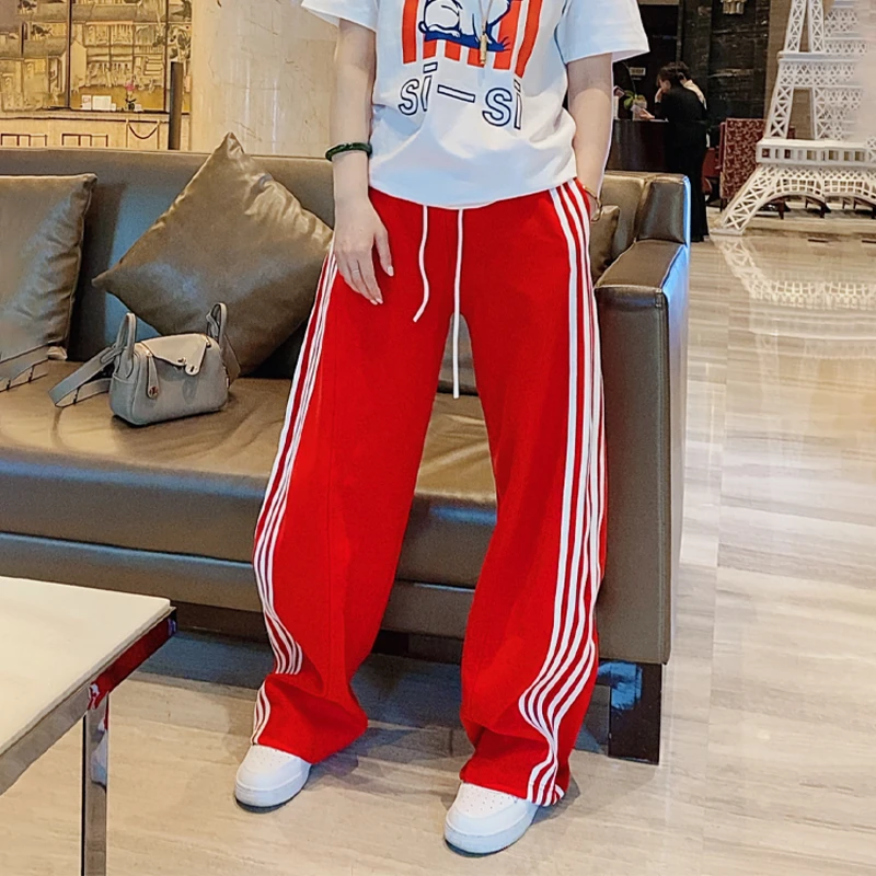夏季抽绳条纹直筒运动裤百搭男女宽松休闲简约潮牌阔腿裤