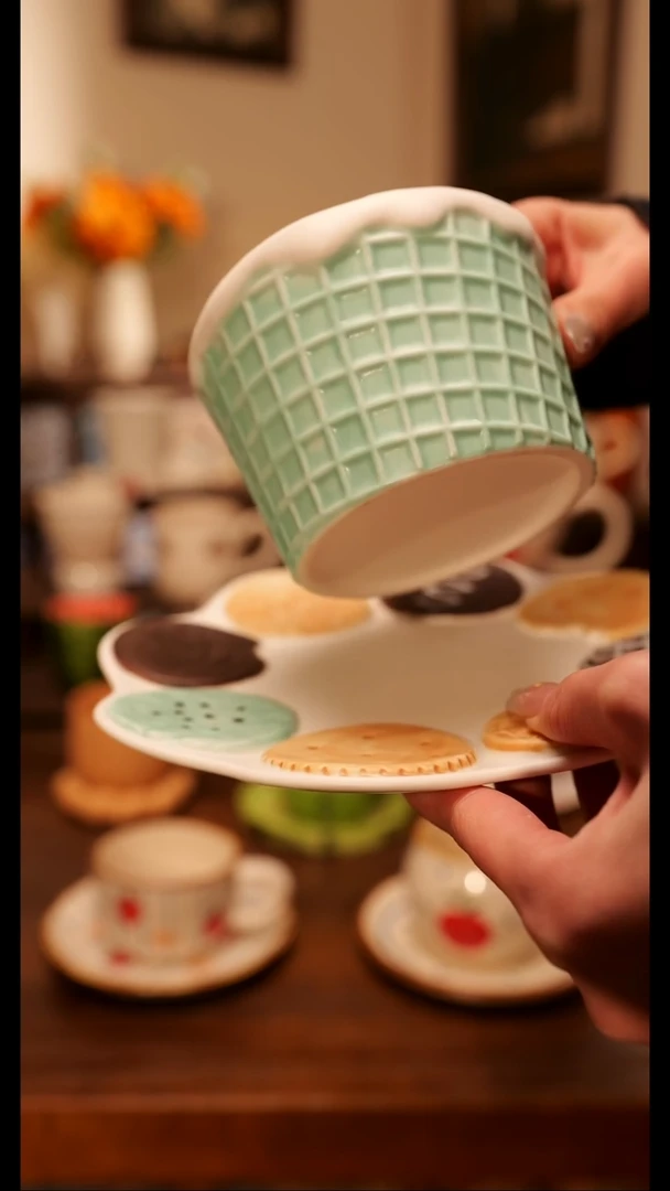 陶便携款华夫饼杯碟手作  手绘釉下彩