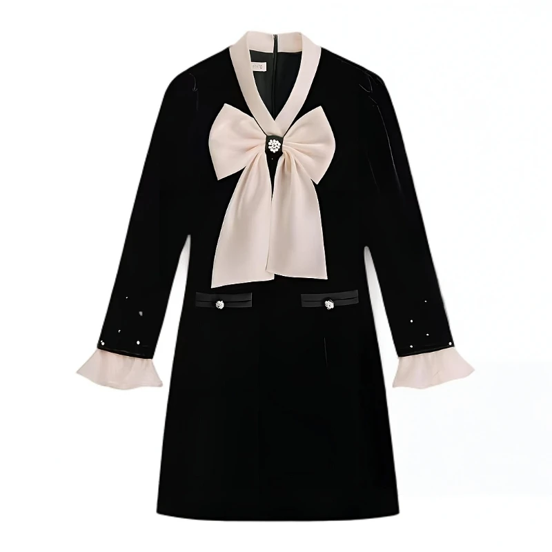 春秋冬季大蝴蝶结系领丝绒连衣裙-2939