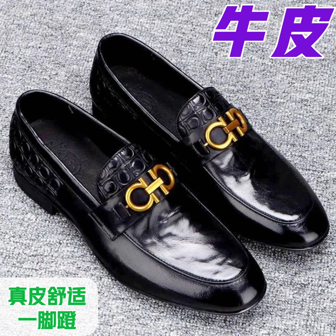 【牛皮】高档男鞋商务英伦休闲乐福鞋金色扣印花男士皮鞋真皮豆豆鞋