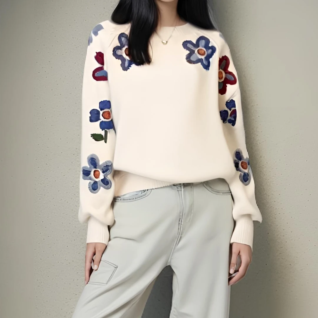 2024年冬季新款气质韩系立体刺绣花朵毛衣女圆领设计感别致针织衫