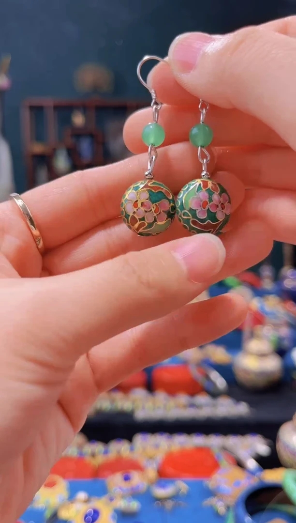 非遗技艺景泰蓝耳环 绿色扁珠