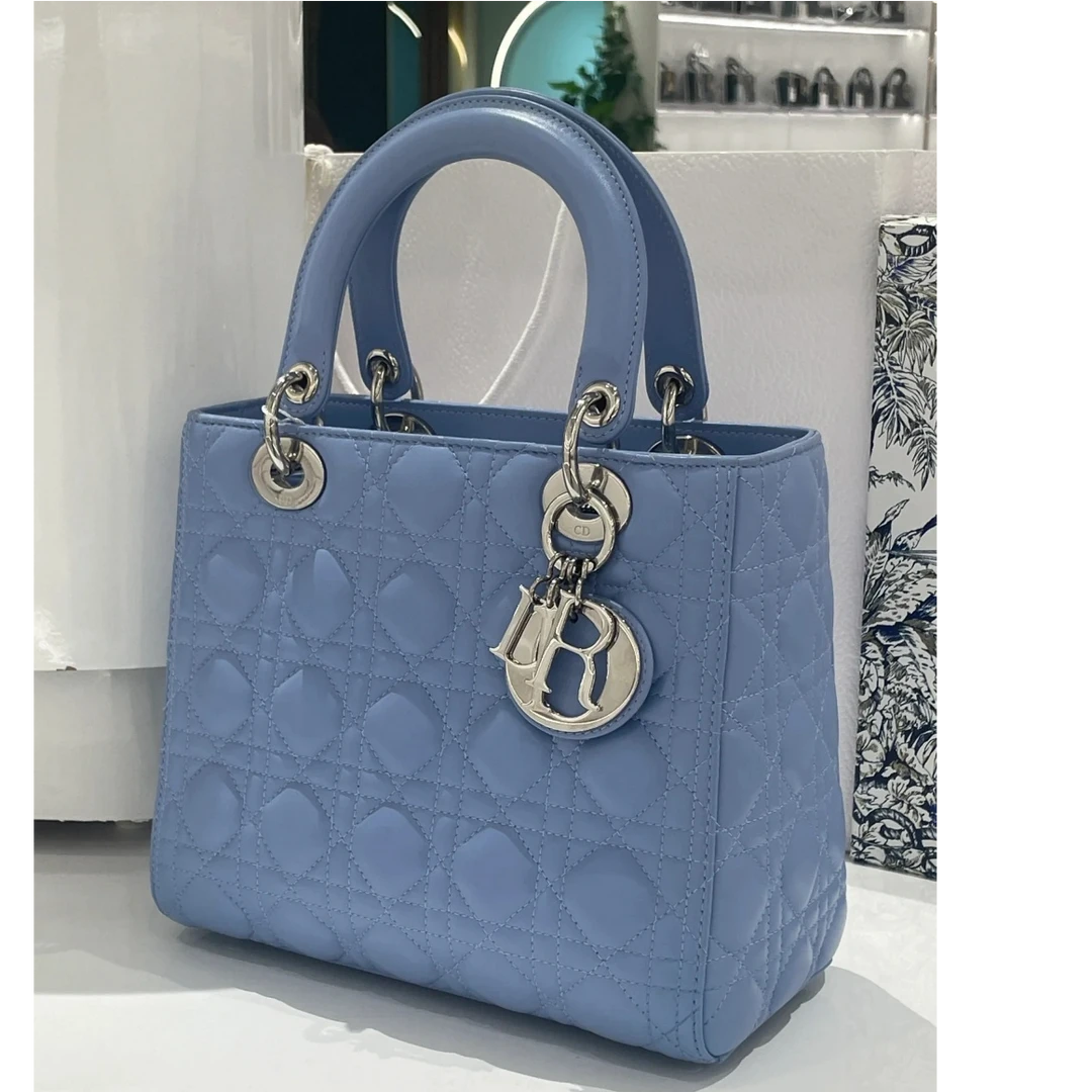 95新 DIOR/迪奥 【活动黑黑】戴妃包 五格 蓝色 皮革S 银扣 2014