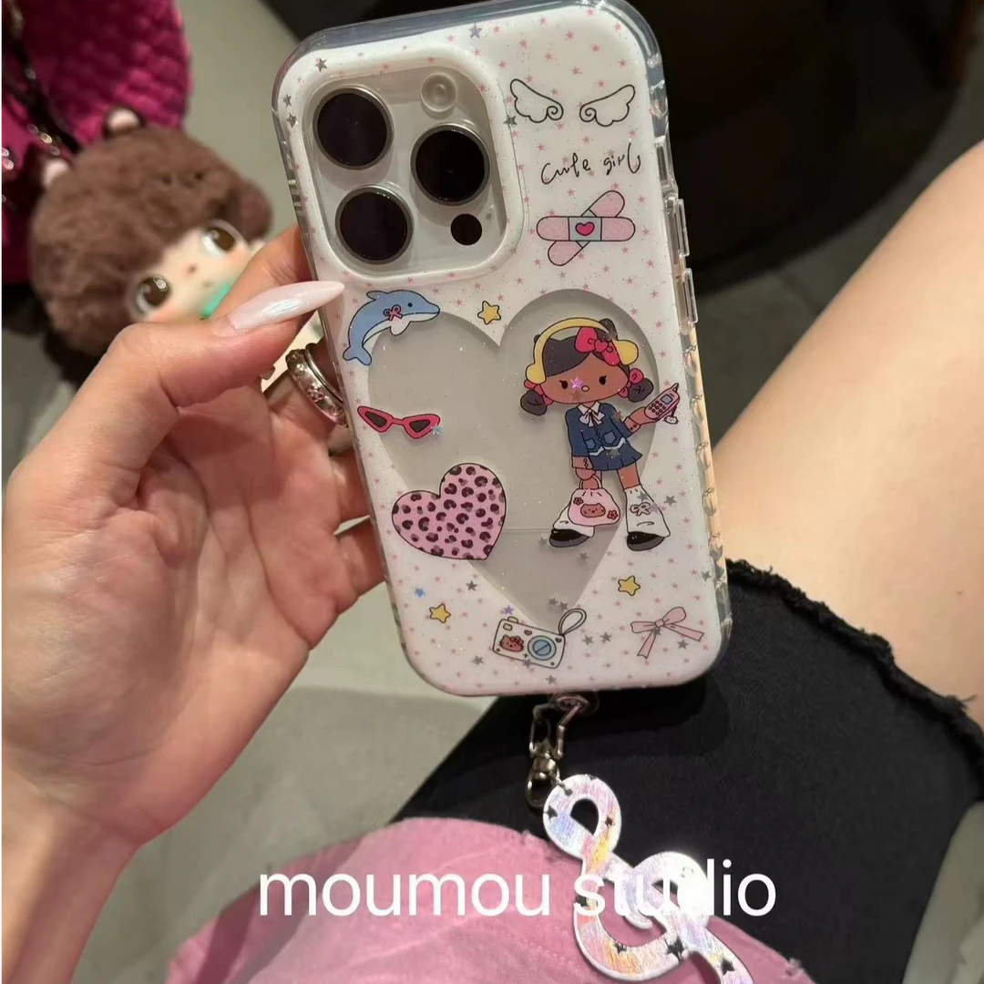 波点爱心长腿猫咪可放照片适用于苹果16promax手机壳15保护套1413