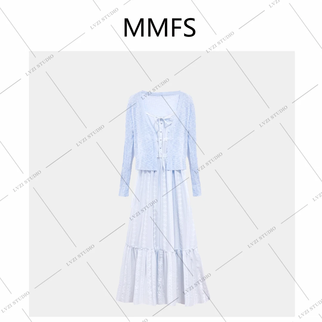 蓝色收腰吊带裙仙女风长裙蕾丝女装裙子少女长款8179