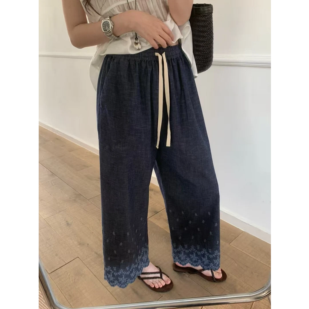 SANSAN 日系宽松刺绣松紧腰夏季麻料质感牛仔裤