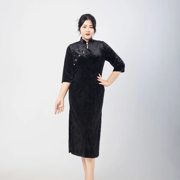 【墨染】春季新款复古新中式大码旗袍弹力金丝绒连衣裙