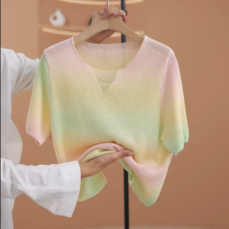 【荣荣】时尚百搭多巴胺渐变圆领针织短袖T恤-Y16483