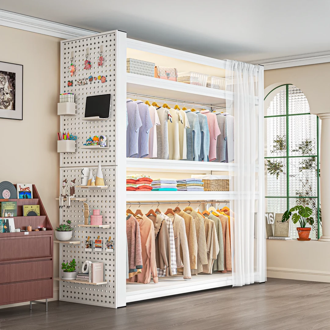 开放式挂衣架落地儿童卧室简易衣柜客厅衣帽架家用角钢货架置物架