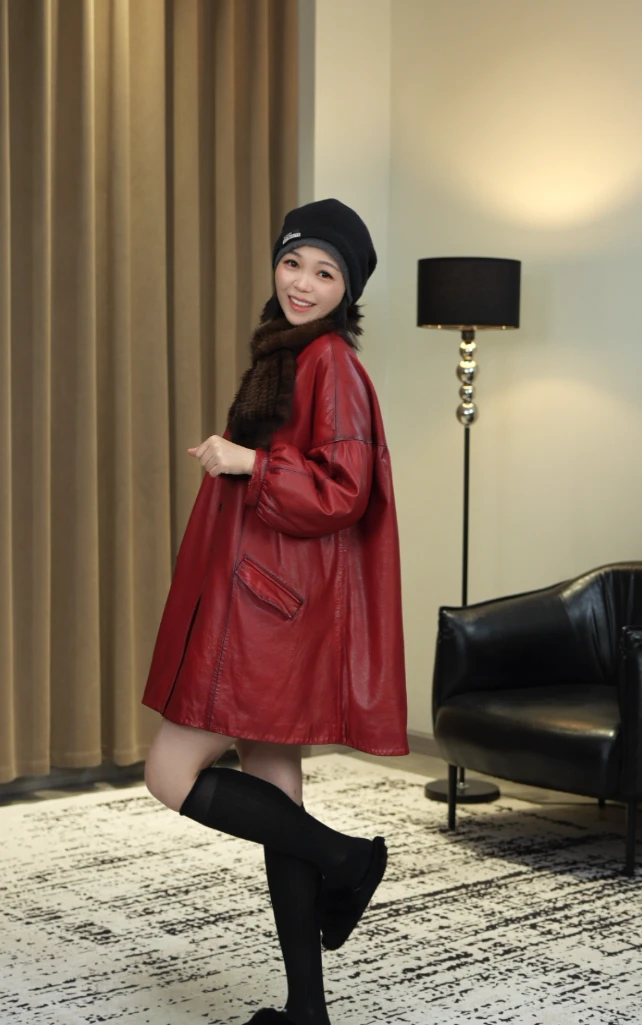 漫莎冬季真皮绵羊皮百搭立领宽松显瘦鹅绒中长款皮衣88126-1