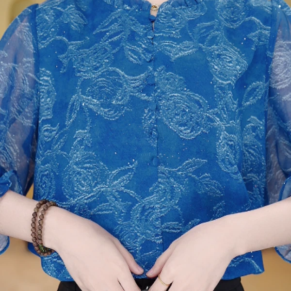 2025新款专柜贵妇人气质蓝色小衫E-8190