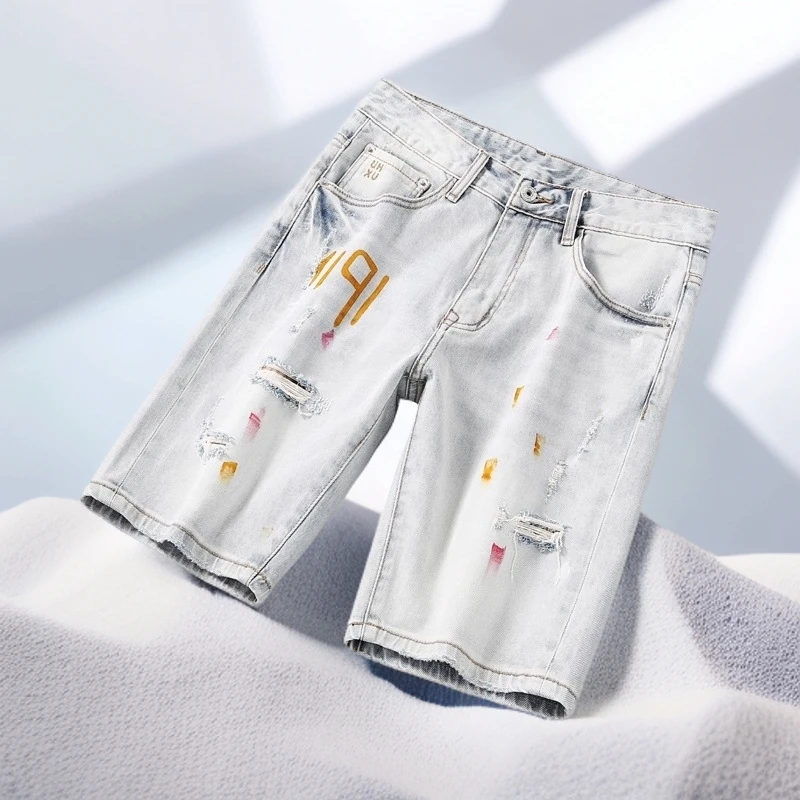 宾斯洛特夏季浅色破洞五分牛仔短裤男美式漆涂鸦修身潮流5分中裤
