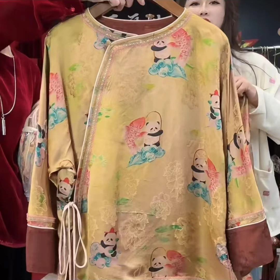 香云纱熊猫钓锦鲤侧系款新中式大衫