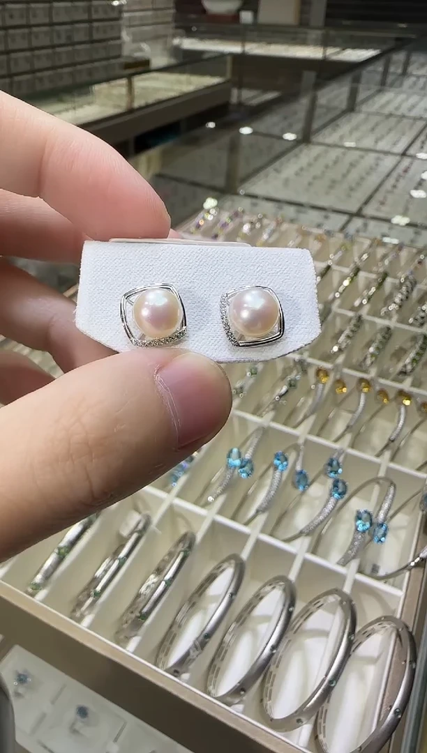 银S925镶嵌耳饰淡水珍珠耳钉9mm