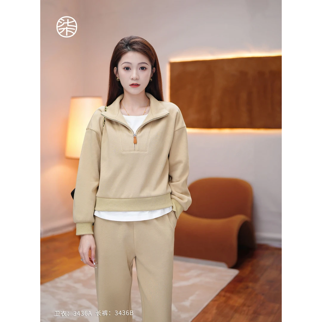 【小柒】3436A柒量一裁小个子加绒保暖驼色假两件套头短卫衣女外穿