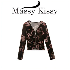 春秋季新款8030时尚V领拉链长袖褶皱印花t恤女洋气小外套开衫女