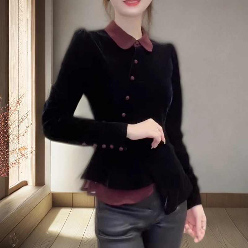 网红爆款不规则丝绒衬衫女2025秋冬新款时尚显瘦长袖洋气小衫上衣