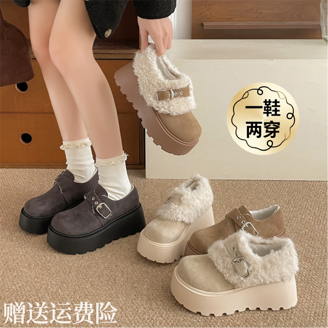 加绒加厚复古防滑厚底雪地棉鞋女冬外穿2025新款增高软底勃肯鞋子