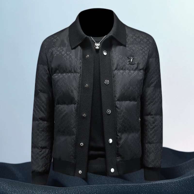 巴赛娜缇时尚潮牌提花羽绒服男士冬季新款针织翻领保暖白鸭绒外套