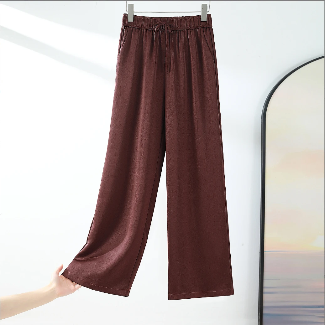 轻奢款阔腿裤女国风金标纯色缎面高腰垂感直筒裤子宽松桑蚕丝022