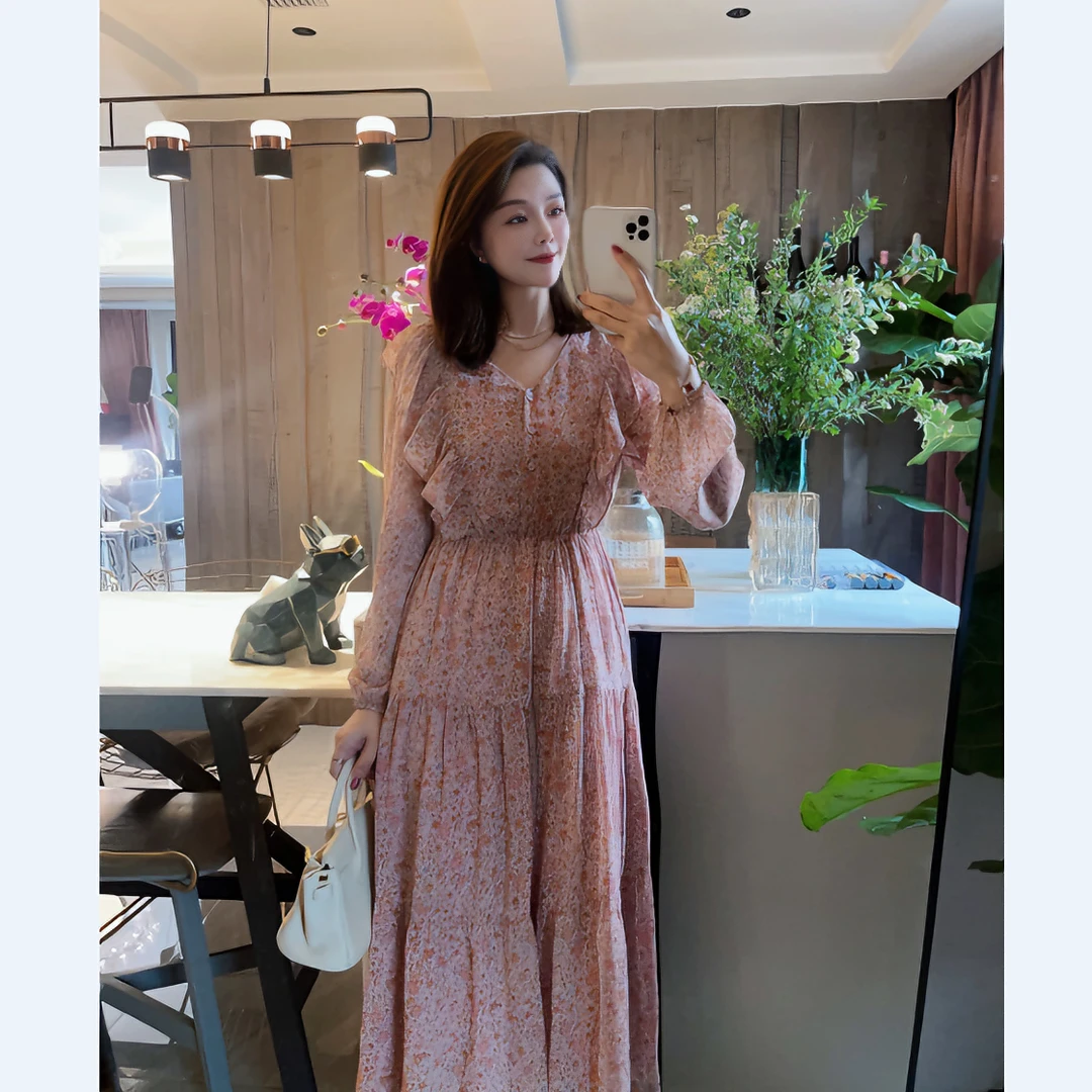 ROBELLE《粉黛未央》新款春秋装中长款木耳边粉色碎花连衣裙女减龄