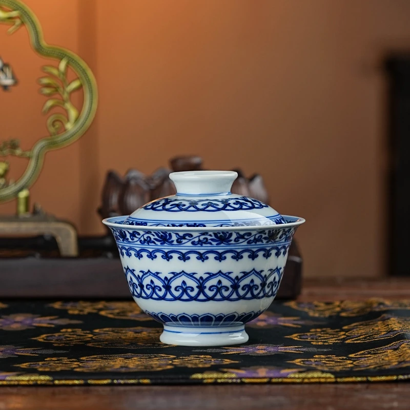 刘建锋窑  八宝相纹盖碗  青花瓷茶杯茶具茶瓷喝茶品茗  JLF320