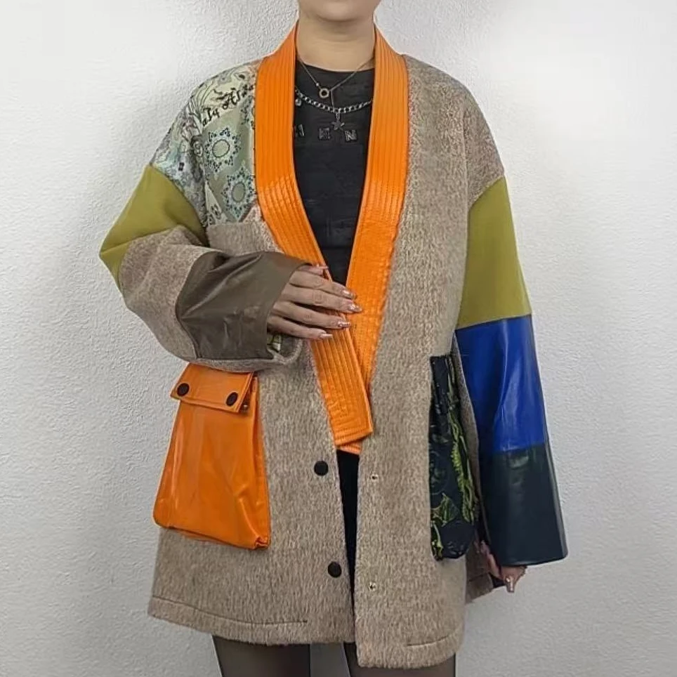 休闲秋冬时尚口袋皮衣V领长款女士9031C