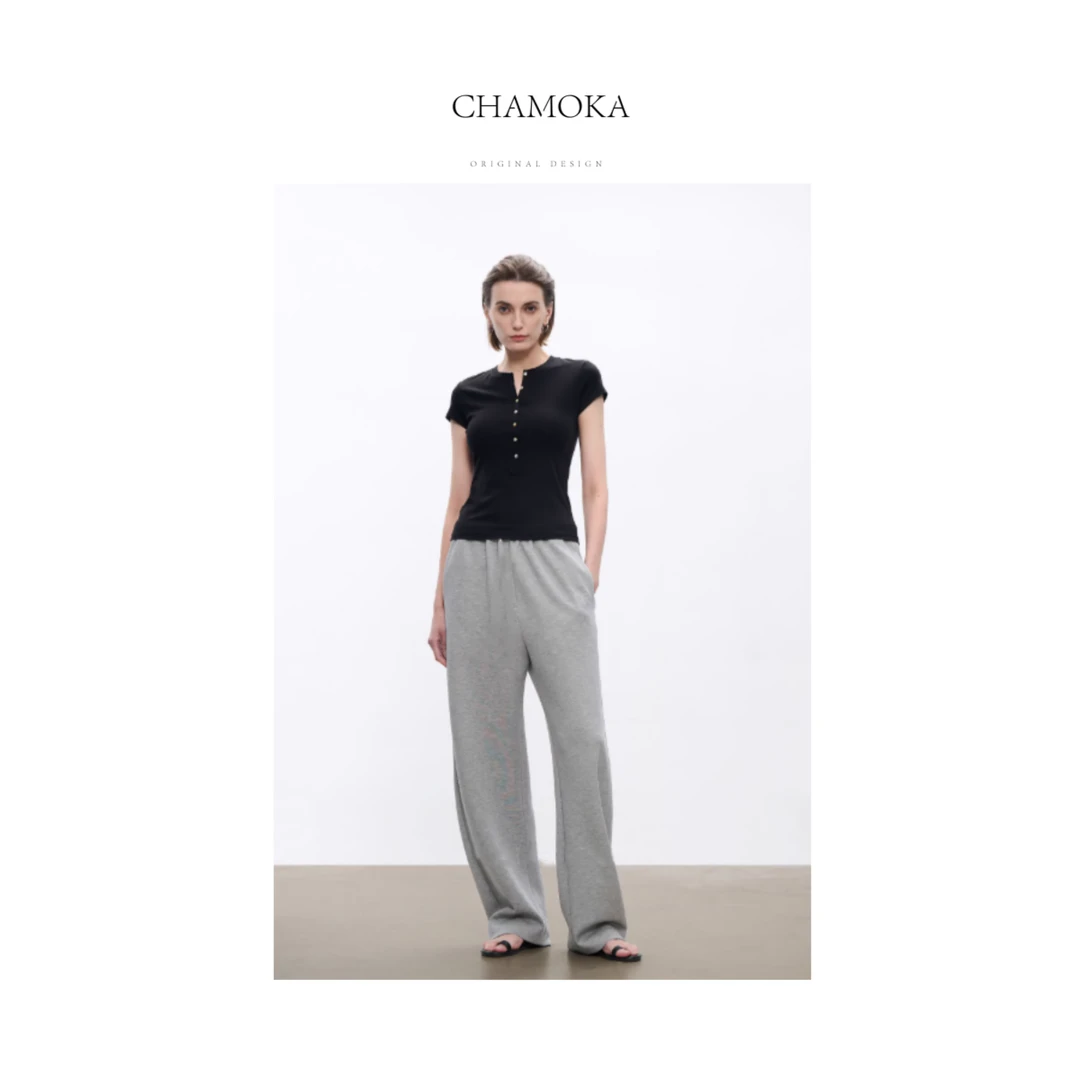 【夏莫卡】时髦百搭显瘦羊毛绢丝空气层灰色休闲直筒百搭老钱风女装