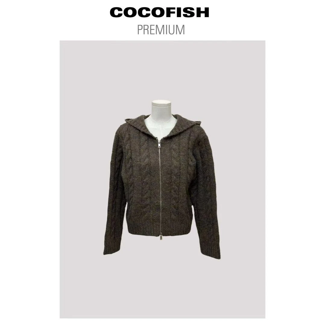 连帽加厚双拉链麻花卷针织开衫毛衣外套#805143