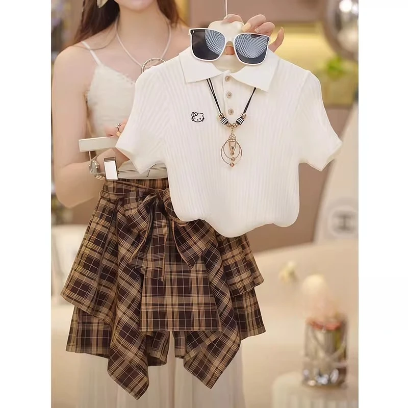 女童POLO针织短袖T恤不规则格子半身裙套装2025夏款冰丝甜酷裙裤