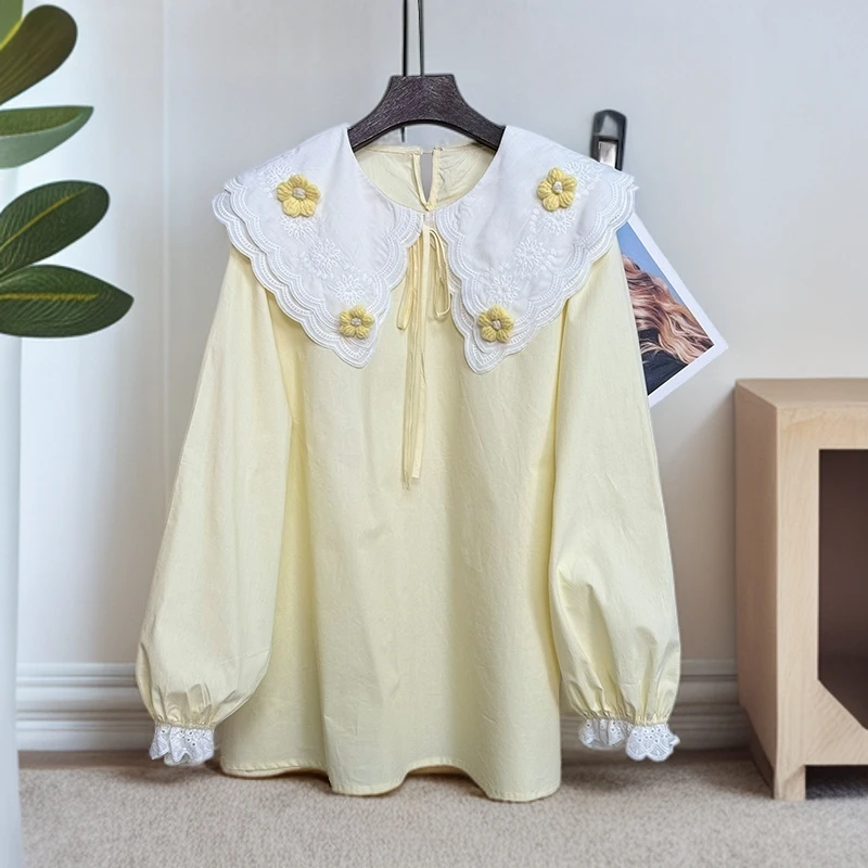 大码女装拼接娃娃领长袖套头衬衫女宽松240斤胖妹妹时尚减龄上衣