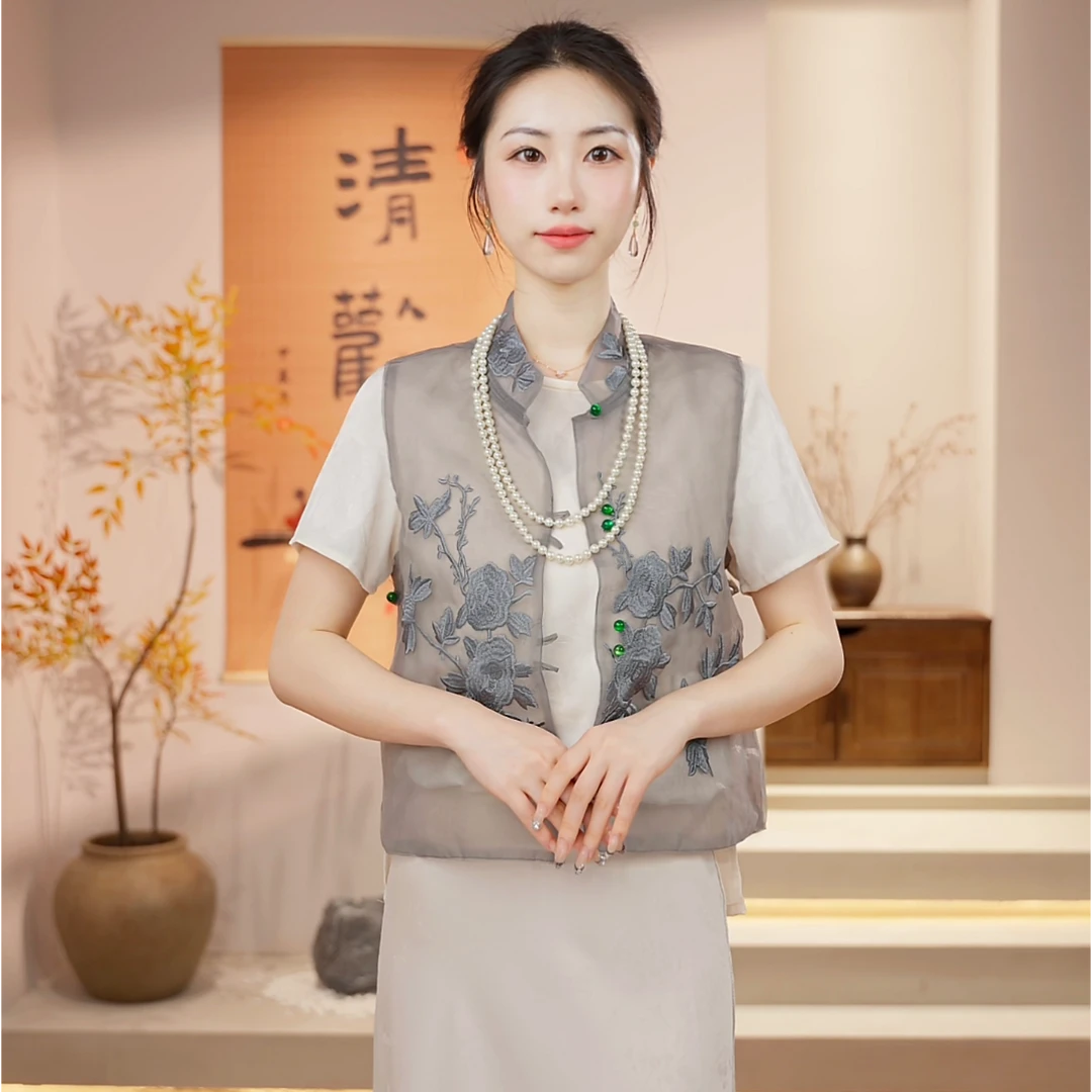 丝年.双生牡丹国风气质清冷感蓝色盘扣马甲-5263