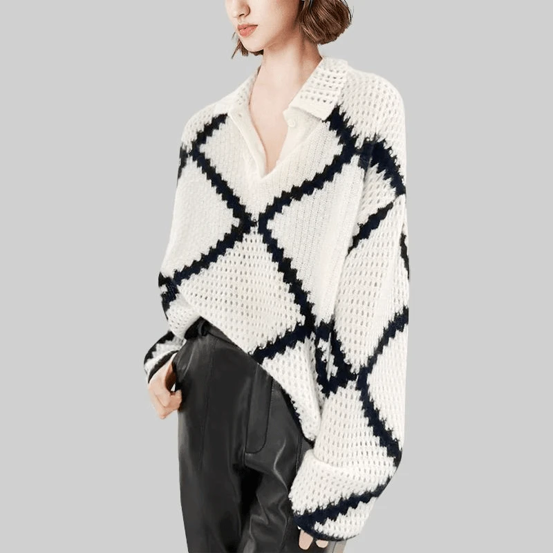 设计感撞色镂空V领宽松蝙蝠型针织衫女薄款长袖2025秋新款显瘦毛