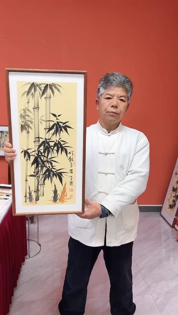 书法张富民手绘作品/竹报平安//古宣（乌檀木外框）35*70cm左右